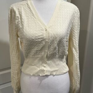 Studio 19 M Ivory Open Knit Cropped Cardigan Sweater Cottage Core V-neck Cream